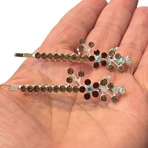 Elegant Brown Gold Crystal Rhinestone Silver Hair Clips 2.5”